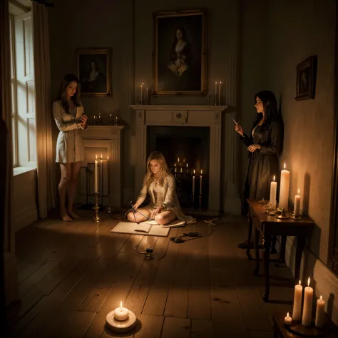 Caroline Ellis and her friend Jill are in a room in the mansion, performing a protective ritual. Caroline is drawing a circle of salt on the floor while Jill holds a spell book and a lit candle.. The room is lit by candles, creating a mystical ambiance. Voodoo symbols are drawn on the walls, and there is a palpable tension in the air as they focus on the ritual