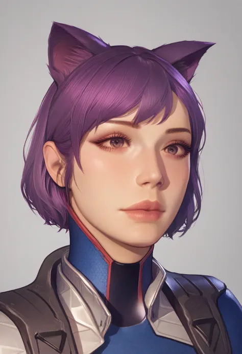 score_9, score_8_up, score_7_up, source_photo, realistic, nsfw, bodysuit, cat ears, purple hair, short hair,