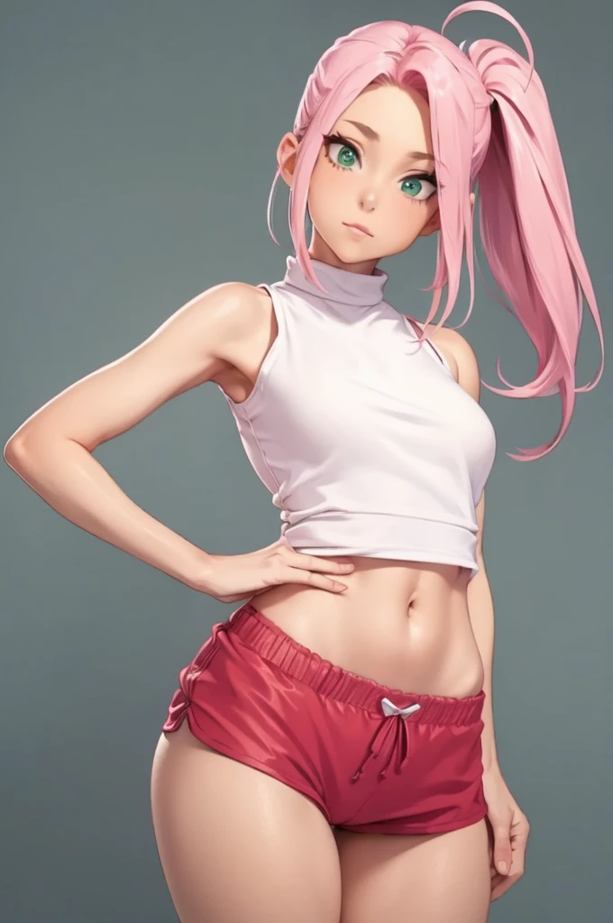 1 girl in public, ashamed, hits,  body, perfect slender body, 13 year old girl, pink hair in a side ponytail, sensual neckline, round breasts, micro shorts 1.4, ultra high definition, 4k image, green eyes, character close up camera, tight shorts, v panties, pink panties, low waist panties. Sakura Haruno. Small top and big tits that come out from under the top. Making a "L" with the index finger and thumb. Making a "L" with the index finger and thumb, "L" with the index finger and thumb. Right angle between the index finger and the thumb.