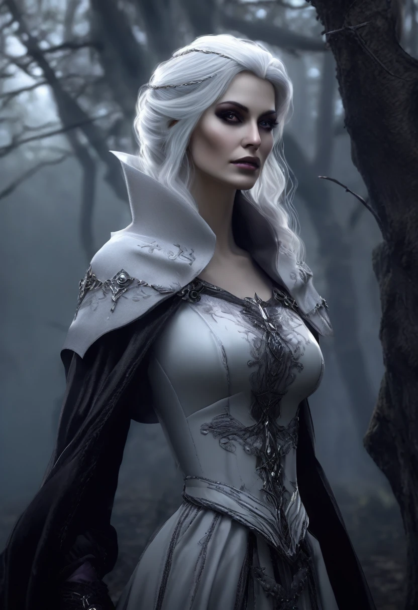 a beautiful woman, 30 years old, caucasian, grey eyes, white hair, witch, profile portrait, white clothing with bone details, sharp bones around, dark forest background, (best quality,4k,8k,highres,masterpiece:1.2),ultra-detailed,(realistic,photorealistic,photo-realistic:1.37),intricate details,chiaroscuro lighting,moody atmosphere,dramatic lighting,dark fantasy,gothic,occult