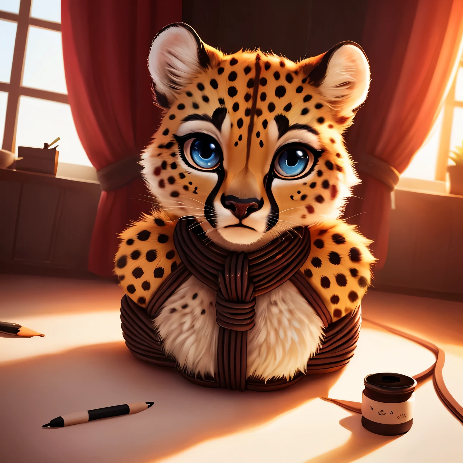 Haute qualité, art numérique, dessin, HD4K, art onirique, reflet, guépard, tout le corps, regarder le spectateur, mise au point sur les animaux, fourrurery,  femelle, Mignon, kawaii, Adorable, fourrure, fourrure head, Taille fine, oreilles d&#39;animaux, patte, ((esclavage)), (((Attaché)))