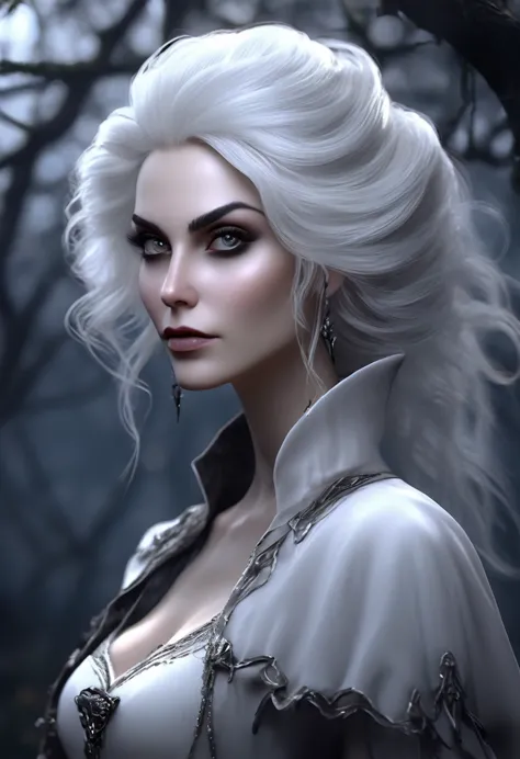 a beautiful woman, 30 years old, caucasian, grey eyes, white hair, witch, white clothing with bone details, sharp bones around, ...