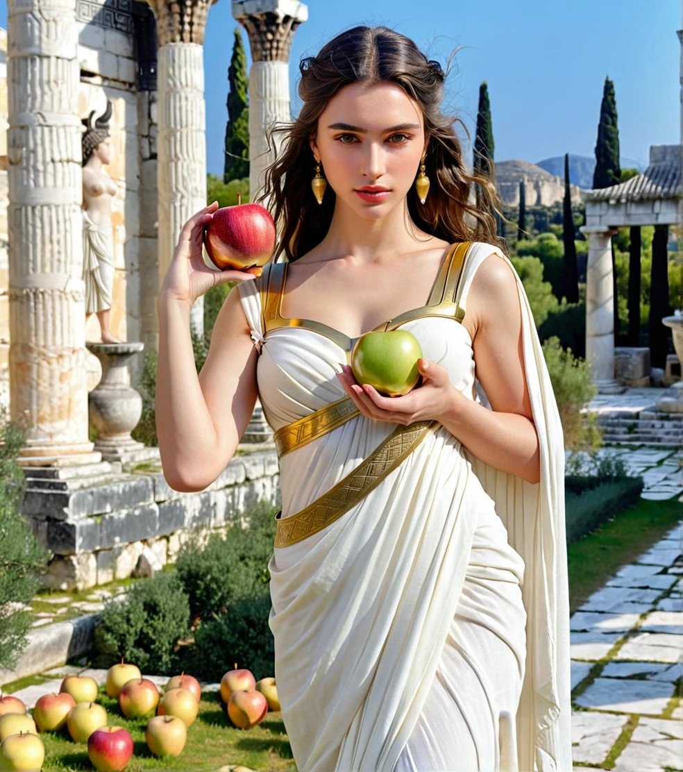 Powerful Greek goddess Eris holding a golden apple in one hand and with the other holding a dagger and she is wearing classical Greek clothes and in the background there is an ancient Greek garden with temples from classical times, body skinny, black, slightly wavy hair down to the shoulders, breasts big, shoulders outside, caucasian white skin, gray green eyes, barefoot, serious and determined face, beautiful and young face, photo realist, professional photograpy, perfect contours, majestic and elegant woman, best qualityer, hight contrast, high saturation, High- sharpness, Ablaze