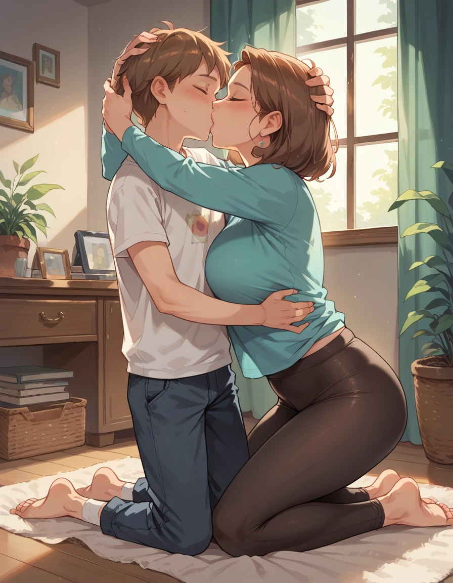 score_9, score_8_up, score_7_up, 1boy, 1girl, (mature female wears leggings), mother and son, kid in casual clothes, hug, kiss, hand on head, kneeling, in  a room