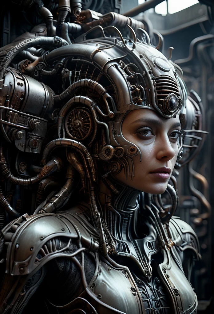 mechanical, Ammonoidea, 8k photorealistic, cinematic lighting, HD, high details, dramatic, dark atmosphere, great light, perfect composition, vibrant, lush, glossy, elegant, unreal engine, inspired by HR Giger, half body portrait, highly detailed, photo realistic, cinematic, movie still, captured in the style of Sony Alpha A7 III camera