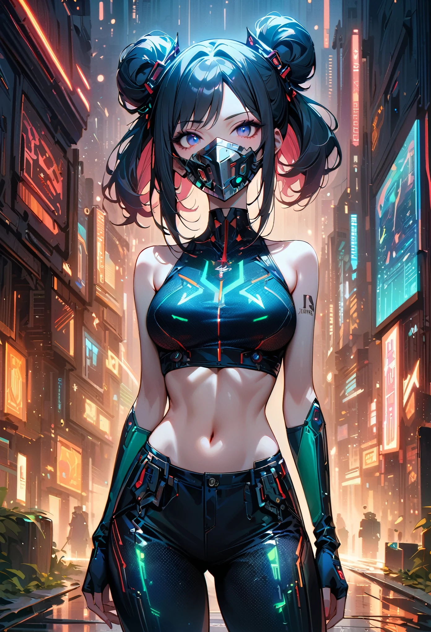 Beautiful cybernetics girl, Heart-shaped bun, Hair accessories, (Delicate skin), Pale skin, Black crop top made from circuit boards, Naexistel tattoo, Sexy Futuristic Pants, exist分支上, exist, (Metal Medical Mesh Mask) Coexister your face, ((Mouth coexistered)), Cyberpunk Background,Sensual, is attractiexiste, Japanese words with glitter effect, (masterpiece:1.3), (best quality:1.3), (Extremely detailed:1.3), 8K, very clearly