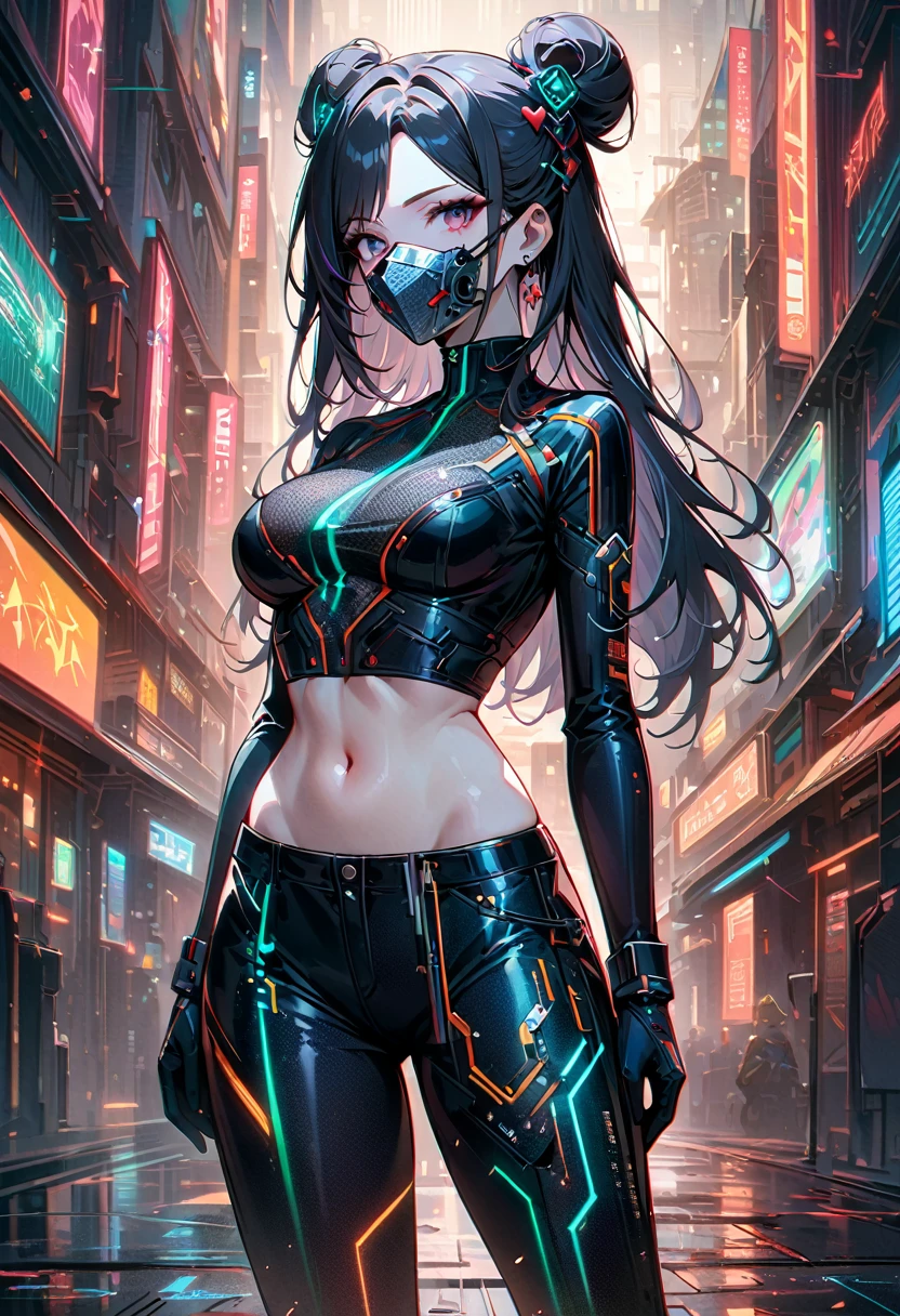 Beautiful cybernetics girl, Heart-shaped bun, Hair accessories, (Delicate skin), Pale skin, Black crop top made from circuit boards, Naexistel tattoo, Sexy Futuristic Pants, exist分支上, exist, (Metal Medical Mesh Mask) Coexister your face, ((Mouth coexistered)), Cyberpunk Background,Sensual, is attractiexiste, Japanese words with glitter effect, (masterpiece:1.3), (best quality:1.3), (Extremely detailed:1.3), 8K, very clearly