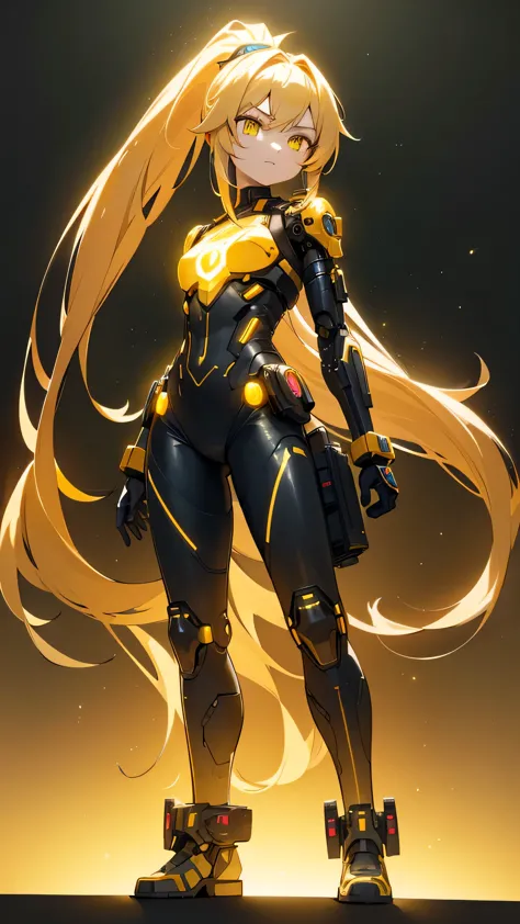 a beautiful cyborg girl with long golden hair in a ponytail, piercing light yellow eyes, wearing golden cyberpunk armor, against a neon-lit futuristic sci-fi background, 8k, ultra-detailed, masterpiece, hyper-realistic, cinematic lighting, photorealistic,a very cute and beautiful chibi anime girl, simple flat background, full body, standing, highly detailed face and eyes, clearly outlined, solo