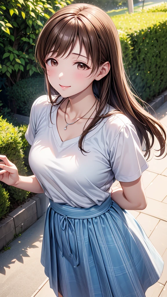 Highest quality、high resolution、High definition、HD、sports gym、(Nitta Minami、Long Hair、Medium chest、Brown Hair、Brown eyes、Glossy lips、Glowing Skin、Realistic skin texture、White blouse、necklace、Denim long skirt、A walk in the park、Date)、Love me、Stretch out your arms towards me、blush、Open your mouth、smile)、(Top view)