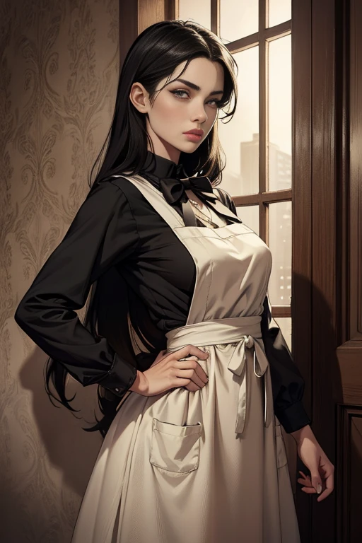 (hyperrealisti), (illustration), (high resolution), (8k), (extremely detaild), (best illustration), you ( chainsaw man ), (beautiful detailed eyes), (best qualityer), (ultra detali), (work of art), (wall-paper), (face detailed), standing alone, trunk, facefocus, 1 girl, long black hair, korean, fine shadow, pretty detailed eyes, eyes browns, small spots under the eyes, Long sleeve shirt, neck bow,  breasts small, apron dress, dynamic pose, poor lighting, natta, tenebrosa, clouds, tenebrosa natta