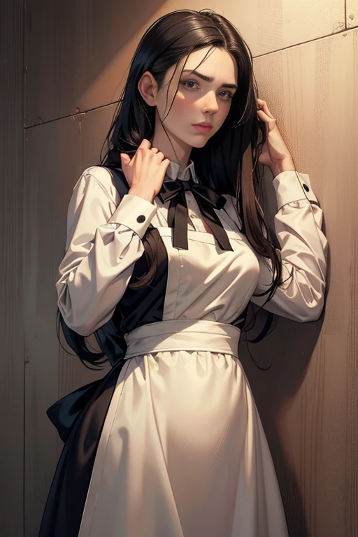 (hyperrealisti), (illustration), (high resolution), (8k), (extremely detaild), (best illustration), you ( chainsaw man ), (beautiful detailed eyes), (best qualityer), (ultra detali), (work of art), (wall-paper), (face detailed), standing alone, trunk, facefocus, 1 girl, long black hair, korean, fine shadow, pretty detailed eyes, eyes browns, small spots under the eyes, Long sleeve shirt, neck bow,  breasts small, apron dress, dynamic pose, poor lighting, natta, tenebrosa, clouds, tenebrosa natta