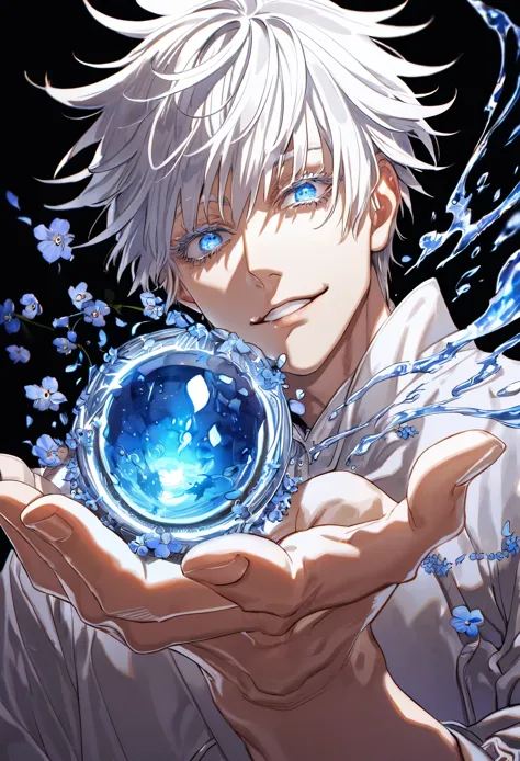 Super detailed, High resolution, High resolution, Absurd, masterpiece, Gojo Satoru, whole body, White hair with bangs, Expressive blue eyes, White eyelashes, JUJUTSU KAİSEN, good looking, Sexy man, alone, Unlimited whitespace, Blue Water, Fantasy, Magic, Cursed Energy, Blue aura, Blue petals, good looking smile, Highest quality, blue Moon, Forget-me-not flowers, Internal domains,