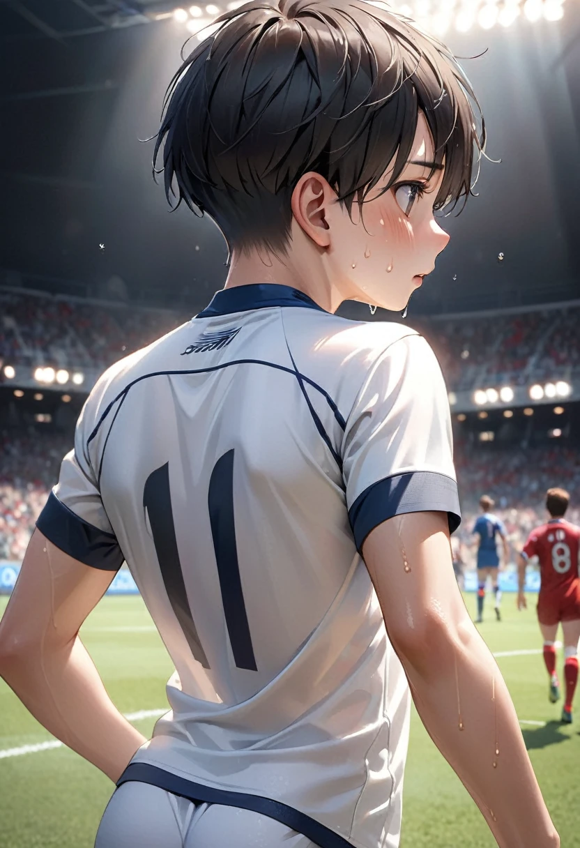 {{masterpiece、Highest quality、(((Realistic、Realistic:1.37)))、One boy, 8K quality、Very delicate and beautiful、wonderful、Large file size、Very detailed、Very detailed、Cinema Lighting}}、Very short hair,Black Hair,Boys Haircut,Short sleeve,,soccer、Perfect limbs, Perfect Anatomy,(((soccerユニフォーム)))、(((Looking Back)), During the game, Sweat,