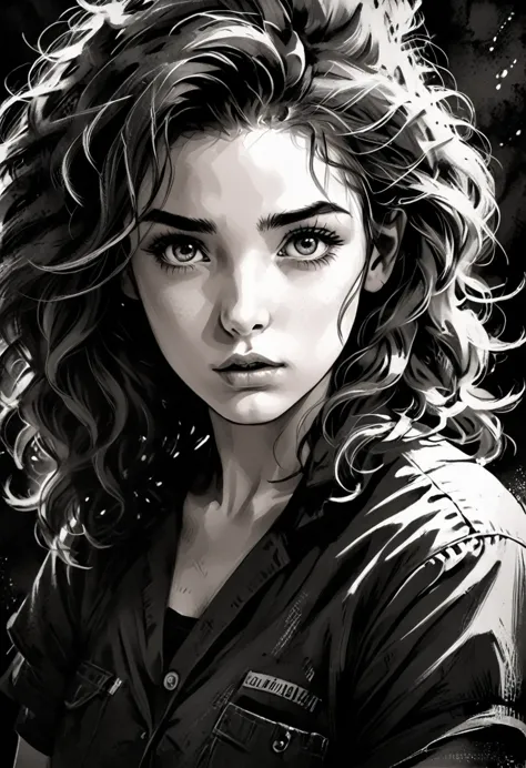 A girl in a situation, sketch, black and white, detailed features, cute, vintage style, high contrast lighting, expressive eyes,...