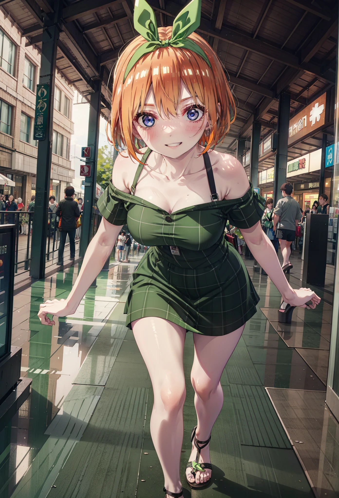 Yotsubanakano, Fourth floor Nakano, bangs, short hair, blue eyes, Hair between the eyes, hair ribbon, hair band, Orange Hair, (Green ribbon:1.5), smile, Grin,Cold Shoulder Shirt,Short sleeve,mini skirt,Heeled Sandals,Walking,True Summer,Clear skies,Palm tree,whole bodyがイラストに入るように,
break outdoors, tropical,Tropical,Shopping Street,Shopping mall,
break looking at viewer,whole body, 
break (masterpiece:1.2), Highest quality, High resolution, unity 8k wallpaper, (figure:0.8), (Beautiful attention to detail:1.6), Highly detailed face, Perfect lighting, Highly detailed CG, (Perfect hands, Perfect Anatomy),