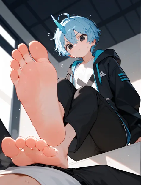 A cute boy showing his stinky feet low angle,barefoot, Foot Focus,White T-shirt,Foot Focus，Sweating on the soles of the feet， Black Hooded Jacket, There are bangs between the eyes,short hair,Light blue hair, Black pants, Anatomically correct, There is a single blue horn in the middle of the head, black eyes, Looking at the audience，Confuse，Sitting on another man&#39;s body，Sitting on his body，Sitting on the audience&#39;s body，Cute boy&#39;s ass sits on another man&#39;s body，Subjective perspective。First Perspective，The boy sits on your body，Sit on your belly，观众要从First Perspective看到自己的身体，Audience members wearing white shirts，