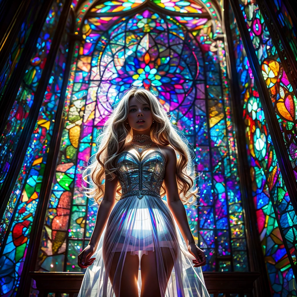  (Cathedral from below:1.28) (ZoomLayer) TopQuality 8K masterpiece of ((Professional photo)), (((Clarisse de Cagliostro))) (Detailed White WeddingDresses), Chain, (((Extremely detailed KAWAII face))) {((VeiledFace))|BlondeHair|(Elaborate BuleEyes)with(SparklingHighlights:1.28)}, The background is distant (((Elaborate stained glass))) Rainbow Glass, {(MysticSight)|EnchantingAtmosphere|Haze|(GodRays)|TyndallEffect}, Radiant PearlSkin with Transparency, (Exposed:0.39)