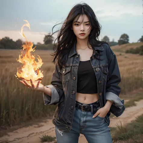 A beautiful sixteen-year-old girl with black hair, standing in a grassland area, dressed in modern clothing, with an angry expression, thrusting one hand forward, producing magical flames in that hand.