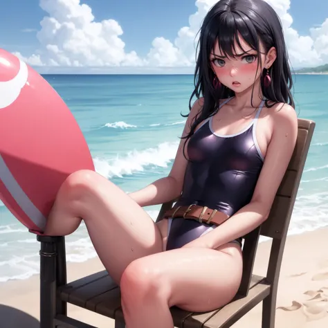 masterpiece, highest quality, earrings, pink swimsuit, black hair, belt, small breasts, alone, upper body, hot, sweating a lot, ...