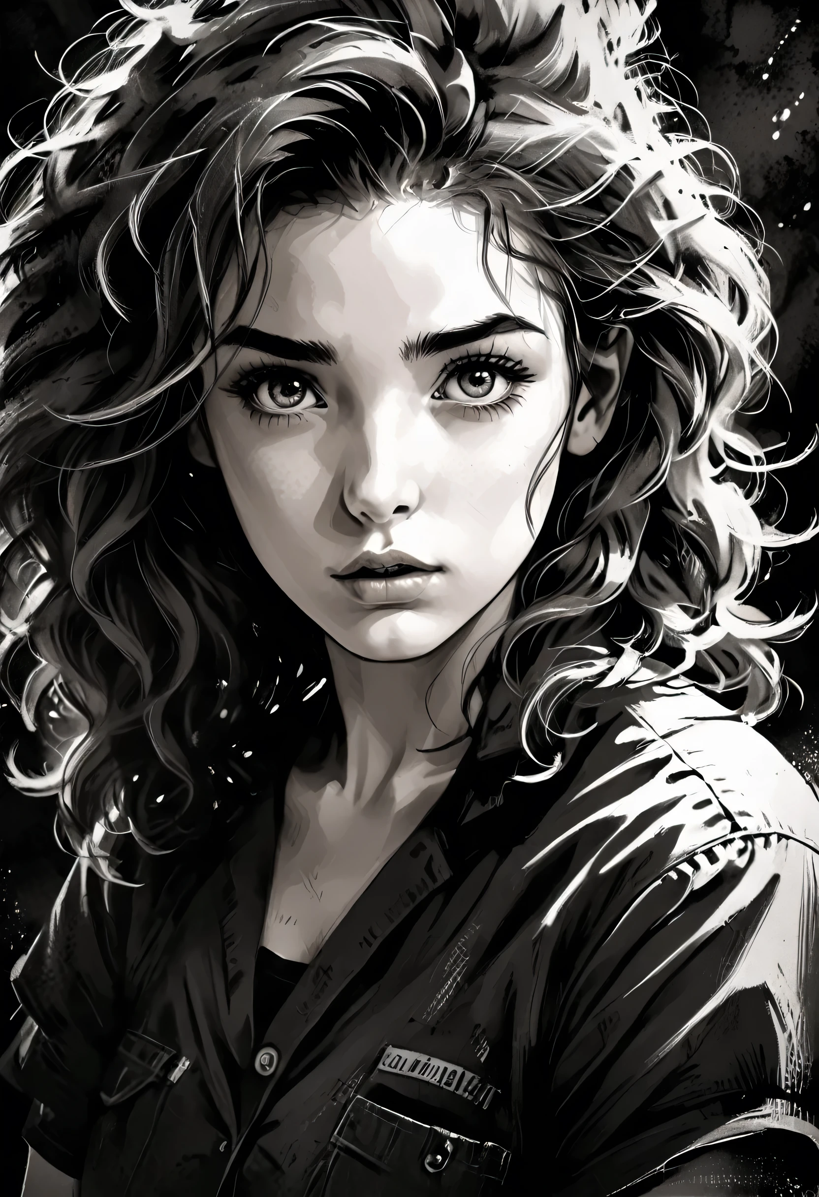 A girl in a situation, sketch, black and white, detailed features, cute, vintage style, high contrast lighting, expressive eyes, tousled hair. (best quality, high res, realistic:1.37), vintage, monochrome, intense gaze, dramatic lighting, rugged background, distressed paper texture, retro vibes, id photo, front view