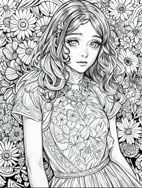 (Black and white coloring book:1.5), line drawings, masterpiece, best quality, ultra-detailed, high resolution, Very detailed face, (Eyes clear and distinct lines), Hair is white color, Full body shot, Woman in floral dress for a light and airy spring garden party, Hyper detailed crisp black line draw, ((simple white color))
