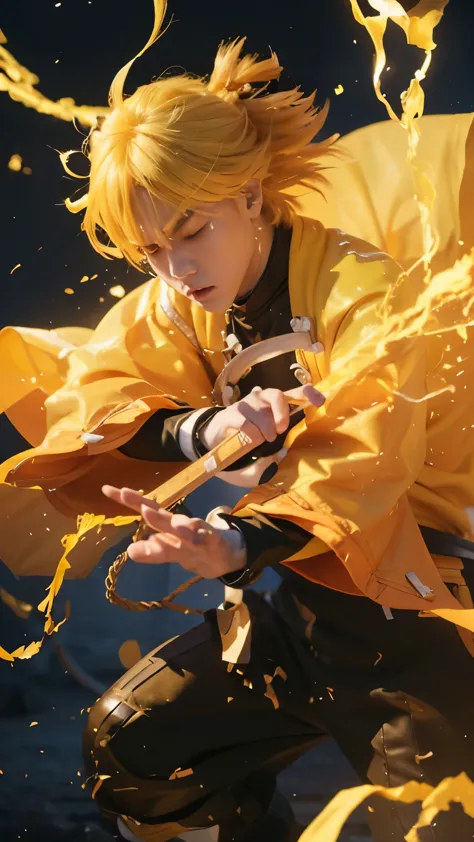 zenitsu, demon slayer, male, yellow hair, closing eyes, angry face, yellow clothes, handled yellow sworld, yellow lighning effec...