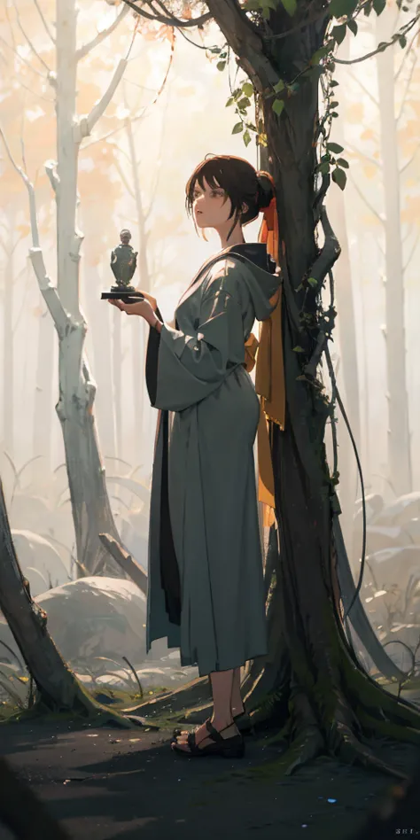 beautiful woman in a gray robe standing in a dark forest２０beautiful girl of the year, magnificent style, octane rendering, deser...