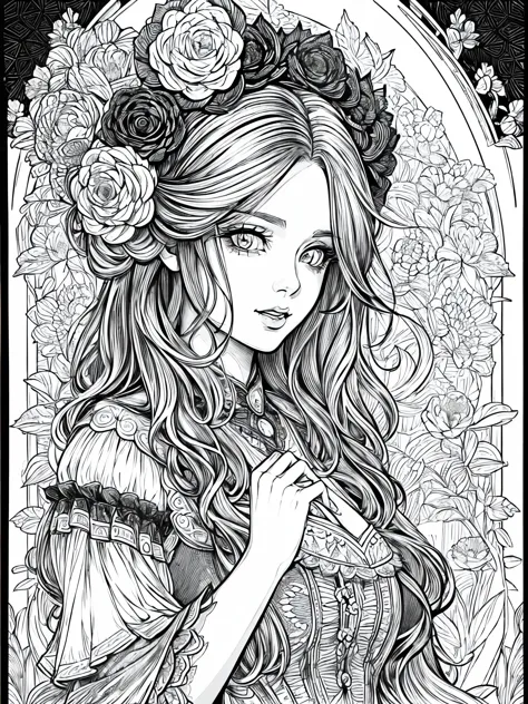 (Black and white coloring book:1.5), line drawings, masterpiece, best quality, ultra-detailed, high resolution, Very detailed face, (Eyes clear and distinct lines), Hair is white color, Upper body shot, Woman in gothic lolita style dress with lots of lace and ribbons, Hyper detailed crisp black line draw, ((simple white color))