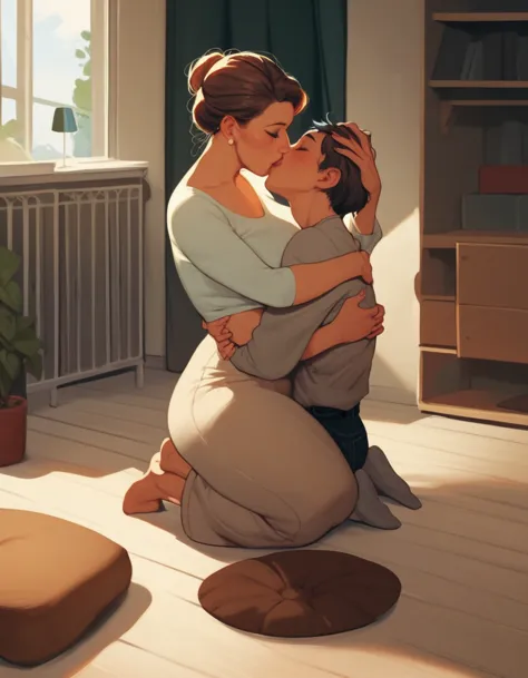 score_9, score_8_up, score_7_up, 1boy, 1girl, mature female, mother and son, kid, hug, kiss, hand on head, kneeling, in a room