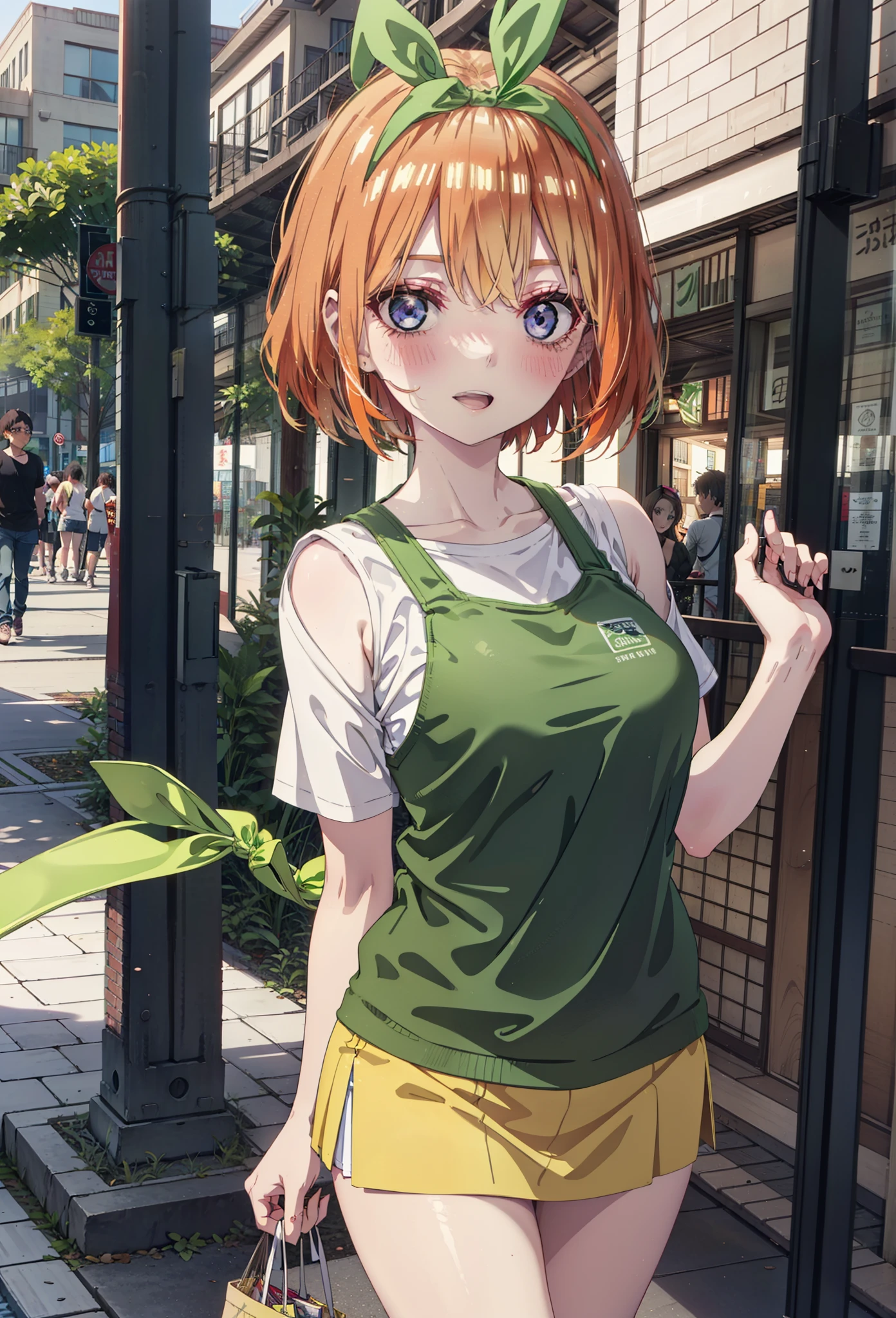 Yotsubanakano, Fourth floor Nakano, bangs, short hair, blue eyes, Hair between the eyes, hair ribbon, hair band, Orange Hair, (Green ribbon:1.5), smile, Open your mouth,blush,Cold Shoulder Shirt,Short sleeve,mini skirt,Heeled Sandals,Walking,True Summer,Clear skies,Daytime,Palm tree,whole bodyがイラストに入るように,
break outdoors, tropical,Tropical,Shopping Street,Shopping mall,
break looking at viewer,whole body, 
break (masterpiece:1.2), Highest quality, High resolution, unity 8k wallpaper, (figure:0.8), (Beautiful attention to detail:1.6), Highly detailed face, Perfect lighting, Highly detailed CG, (Perfect hands, Perfect Anatomy),