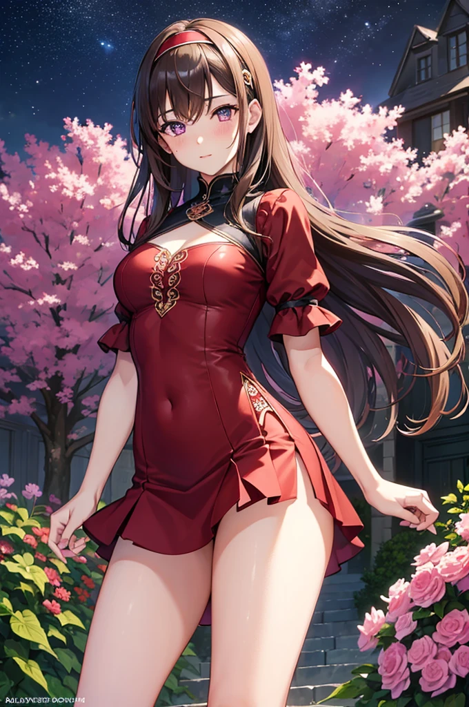 Highly detailed, high quality, masterpiece, beautiful, (all photo shot), student girl girl, purple eyes, perfect eyes, pretty eyes, clear eyes, blushing face, brown hair, happy face, big thighs, with headband, chest medium, long hair, sexy, short red dress, miniskirt, background image in a garden at night