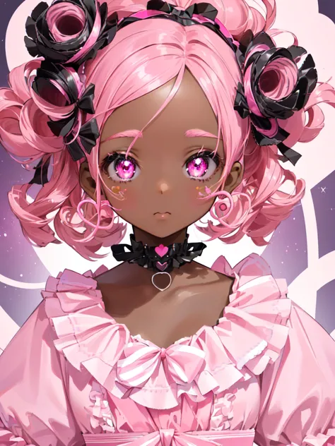 black woman, dark skin, tan, 4c, there is a woman with a pink mask and pink hair, glowing pink face, pink face, decora inspired,...