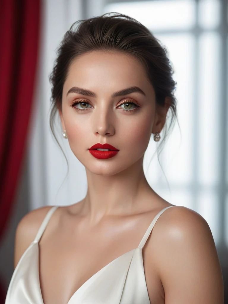 (best quality,4k,8k,highres,masterpiece:1.2),ultra-detailed,(realistic,photorealistic,photo-realistic:1.37),beautiful eyes,beautiful lips,detailed face,red lipstick,gorgeous woman,white dress,elegant fashion model,elegant look,long eyelashes,confident expression,flawless skin,posing gracefully,flowing fabric,soft and silky material,graceful movement,vibrant colors,artistic lighting,studio photo shoot, dreamy atmosphere