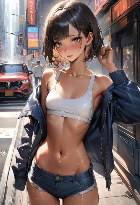 ((masterpiece,Highest quality:1.3,best quality illustration)),(realistic:1.2)、cowboy shot,solo,1woman,(Mature Beauty),black hair,(very short bob hair),bangs,black eyes,(gorgeous big eyes),(very small head),shy,(very long body,skinny,slender body,tan skin),small breasts,gleaming skin,oily skin,((Navy blue baseball jacket))、denim micro shorts,White tank top)),on street,New York City、