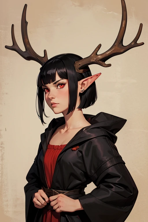 Poster of "Wanted" of a girl with long and pointed ears, short black hair, duendecillo haircut, red eyes and antlers on the head. The girl&#39;s name is "Backdoor"