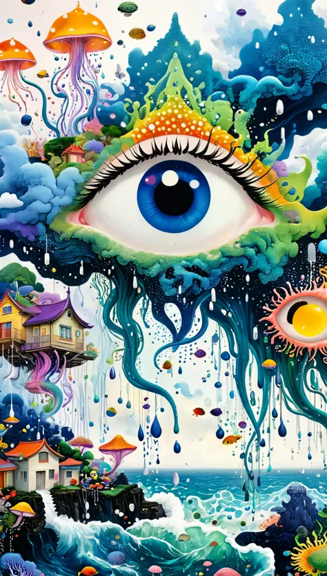 Strong visual fusion of multiple elements，Broto，来自Star的艺术家，Dopamine color scheme，house、Eye、pearl珠帘、pearl、Star、cloud、fish、Spore powder、Ocean、rain、Tentacles，Describing the inner world of autistic people，密集Pointillism method。Smooth lines。interesting，Strange illustration。Pointillism method。Strong contrast。Award-winning works。