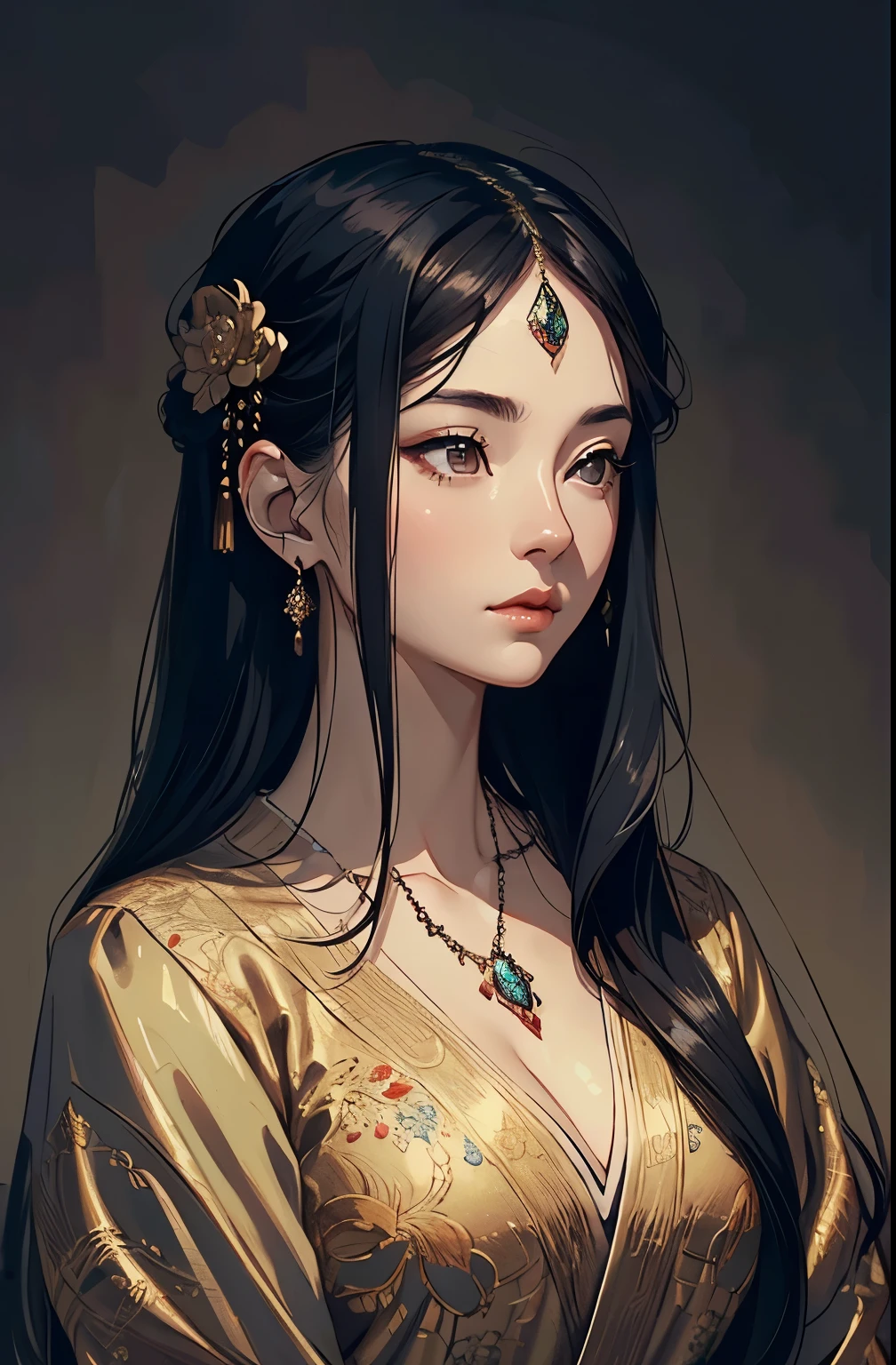 a beautiful young woman with long black hair, detailed facial features, elegant jewelry, resting peacefully, Chinese, photorealistic, 8k, highly detailed, intricate, chiaroscuro lighting, dramatic lighting, moody, mystical, surreal, ethereal