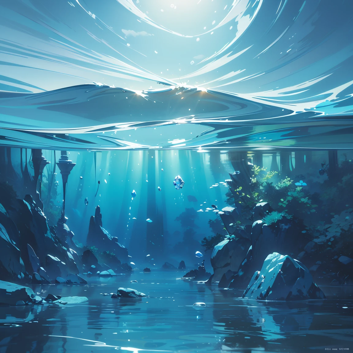 a serene underwater landscape, a calm sea of aquamarine waters, no ripples or waves, tranquil and peaceful water surface, detailed reflection of the sky, crystal clear water, deep aqua blue hues, photorealistic underwater scene, dramatic lighting, dramatic lighting, (best quality,8k,highres,masterpiece:1.2),ultra-detailed,(realistic,photorealistic,photo-realistic:1.37),HDR,UHD,studio lighting,ultra-fine painting,sharp focus,physically-based rendering,extreme detail description,professional,vivid colors,bokeh