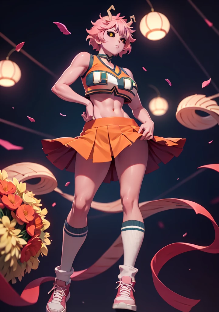 mina ashido, 1girl, solo, looking at viewer, short hair, simple background, yellow eyes, pink hair, horns, colored skin, colored sclera, black sclera, pink skin, U.A. CheerUniform, orange skirt, (bare belly), perfect shading, bare shoulders, big breasts