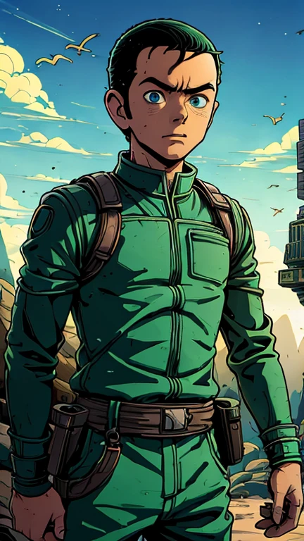 (Teens:1boy: Tintin,rock lee,Star Wars), (extremely detailed CG unit 8k wallpaper),(master part), (best quality), (ultra detali), (best illustration),(melhor ombre), cowboy shot, (Sharp eyeliner, ombre, detailedeyes:1), Konoha Village background, ,break , (star15escola:1.2), upper body,very short hair ,black buzzcut hair, blue jumpsuit