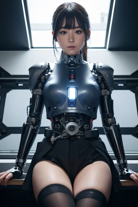 masterpiece, best quality, extremely detailed,8k portrait,Japaese android girl,Plump , control panels,android,Droid,Mechanical Hand, Robot arms and legs, Black hair,Blunt bangs,perfect robot girl,long tube,thick cable connected her neck,android,robot,humanoid,cyborg,japanese cyborg girl ,future laboratory,connecting a cable between the legs,skirt, high socks,blue eyes