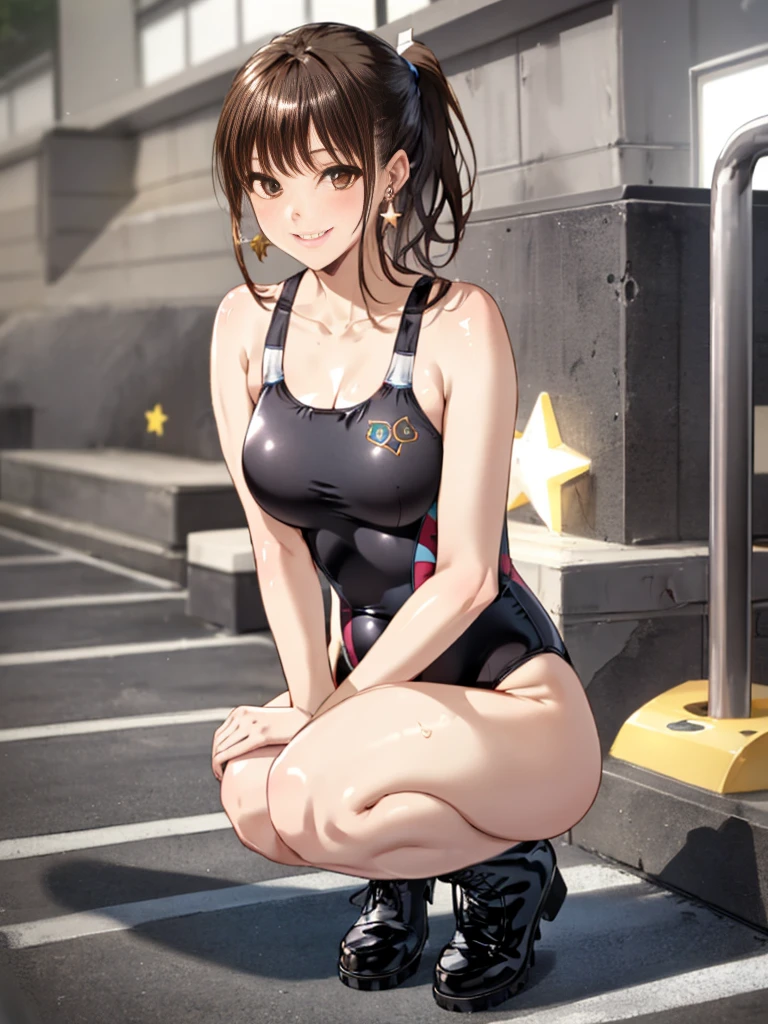 ((full body)),(Highly detailed CG), (Highest quality), Perfect Face, Glowing Skin, Shiny skin,Wide Hips, ((Squat)),  One girl,alone , ((shirokoswimsuit)), MioSuto,Iris,star(symbol),Black Hair, Earrings, Knee-high boots, Brown eyes, ponytail, Brown Hair, smile,Thick thighs，Butt, Butt focus, Recall, smile