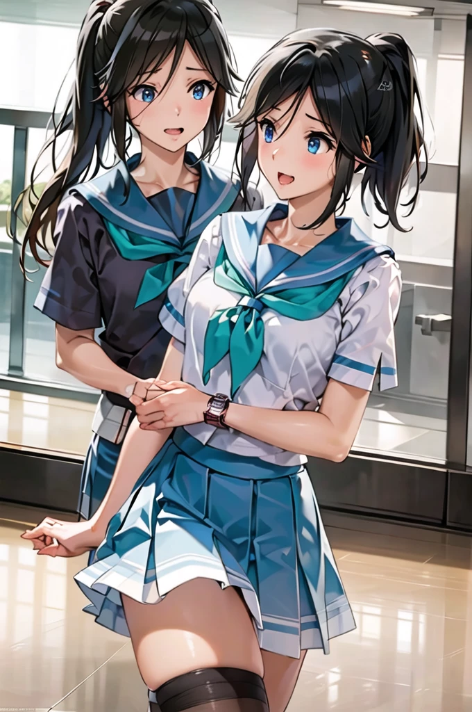 masterpiece, Highest quality, High resolution, Semantics 1, One girl, Nozomi Kasaki, alone, , blue eyes, Black socks, ponytail, Sailor collar, Blue Skirt, Black Hair, blue Sailor collar, Pleated skirt, Blue neckerchief, Short sleeve, Long Hair, White shirt, Knee-high, watch, bangs, Cowboy Shot, Showing panties