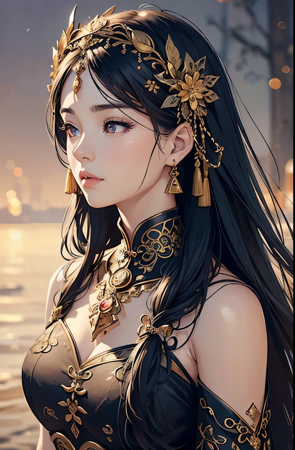 1girl, long black hair, beautiful detailed eyes, beautiful detailed face, detailed jewelry, chinese,resting pose, solitary, intricate ornate art, detailed ornate headdress, (best quality,4k,8k,highres,masterpiece:1.2),ultra-detailed,(realistic,photorealistic,photo-realistic:1.37),dramatic lighting,cinematic composition,intricate detailed background,glowing soft lighting,ethereal atmosphere