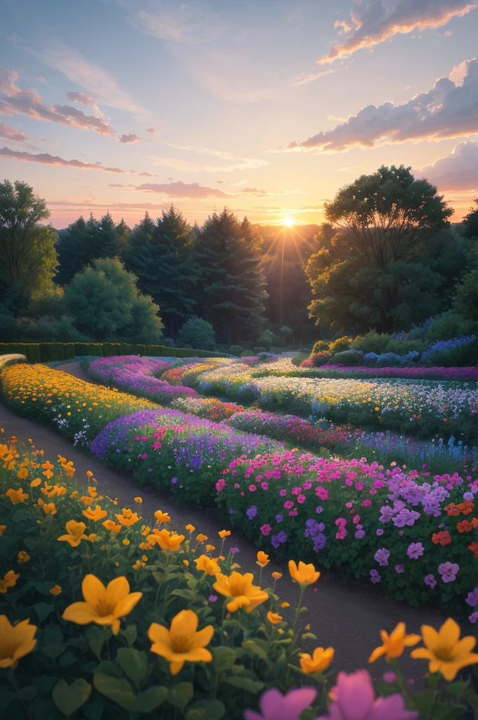 arafed view of a field of flowers with a sunset in the background, a pastel by Carol Bove, flickr, fine art, flower garden summer morning, beautiful border, in a cottagecore flower garden, cottagecore flower garden, lush flowery outdoors, incredibly beautiful, beautiful setting, beautiful lush colors, beautiful garden, flower garden, beautiful scene