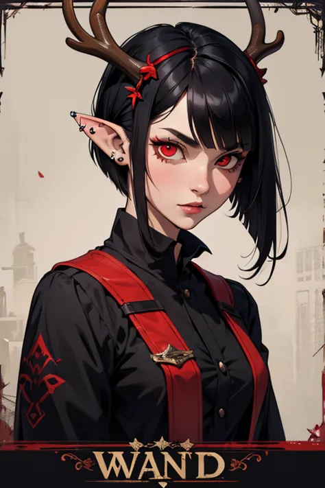 Poster of "Wanted" of a Girl with long, pointed ears full of piercings, short black hair, duendecillo haircut, red eyes and antl...