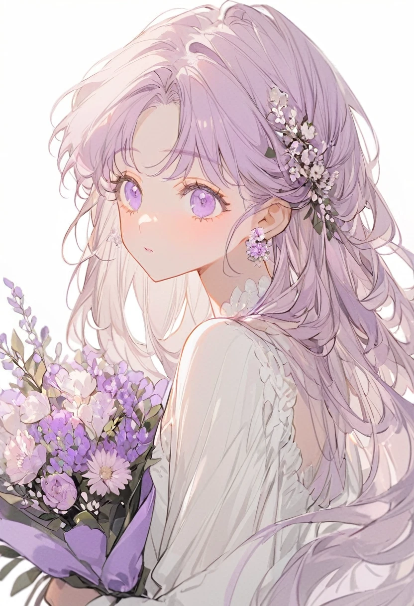 Soft lines、girl、light purple、((((hold light purple Bouquet))))、💐💐💐💐💐💐💐💐💐💐💐、Upper Body、Long Hair、White dress、White background、front、Look at me