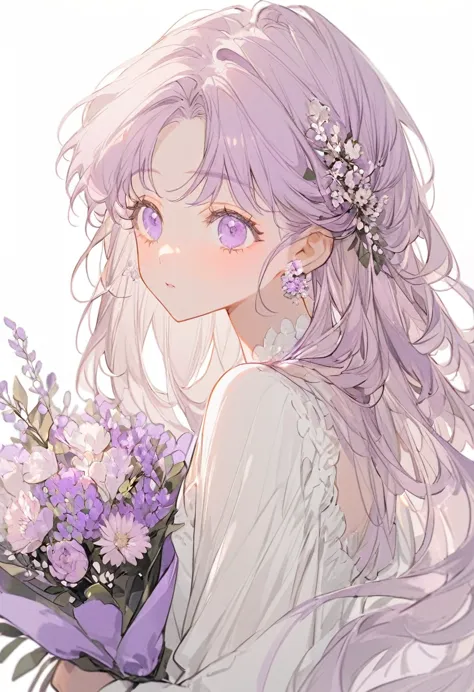 Soft lines、girl、light purple、((((hold light purple Bouquet))))、💐💐💐💐💐💐💐💐💐💐💐、Upper Body、Long Hair、White dress、White background、fro...
