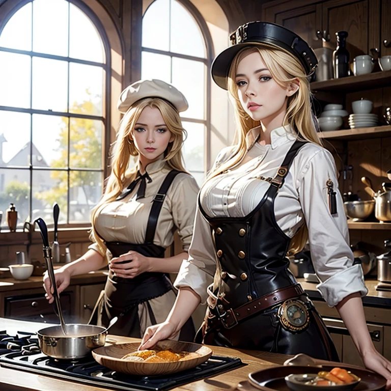 Un fotorrealista, Imagen UHD de una mujer rubia, Chef europea de estilo steampunk con gorro de chef y ropa steampunk marrón, sosteniendo un cucharón de sopa sobre una estufa y de pie en una cocina steampunk, Hermosa y sexy