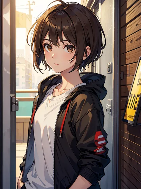 a beautiful girl, boyish, handsome short hair, brown hair, head shot, brown eyes,